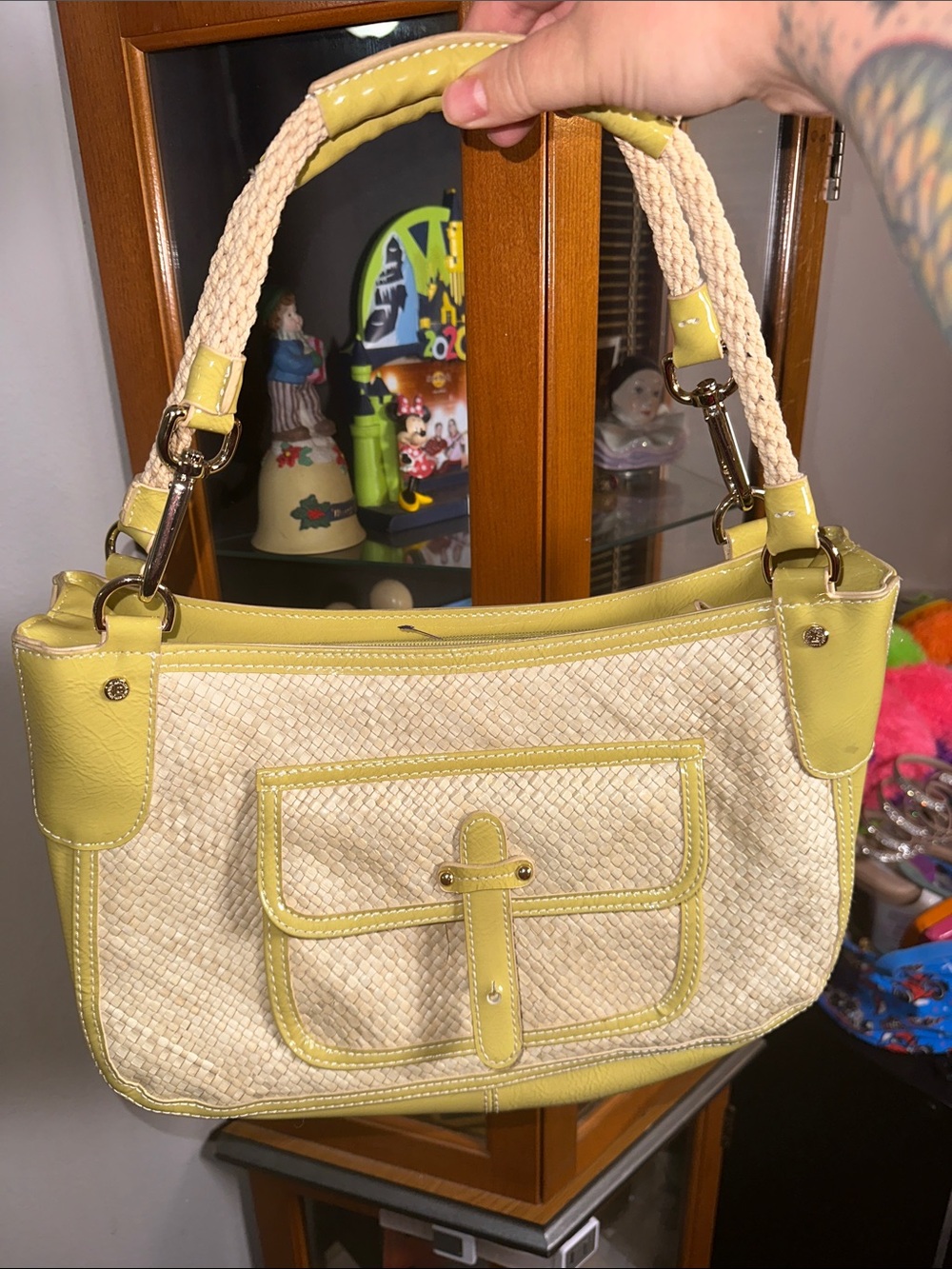 Liz Claiborne Yellow Woven Shoulder Bag with Glossy Trim